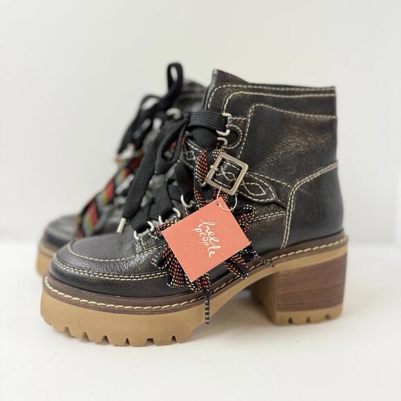FREE PEOPLE Jasper Hiker Platform Ankle Boots Black Leather White Stitching Sz 7 - Picture 1 of 9